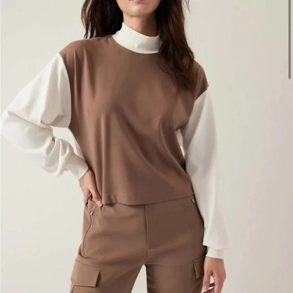 Athleta Brown and White Layered-Look Sweatshirt - Picture 1 of 12